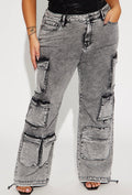 High Rise Strechy Cargo Jeans- Wash Gray