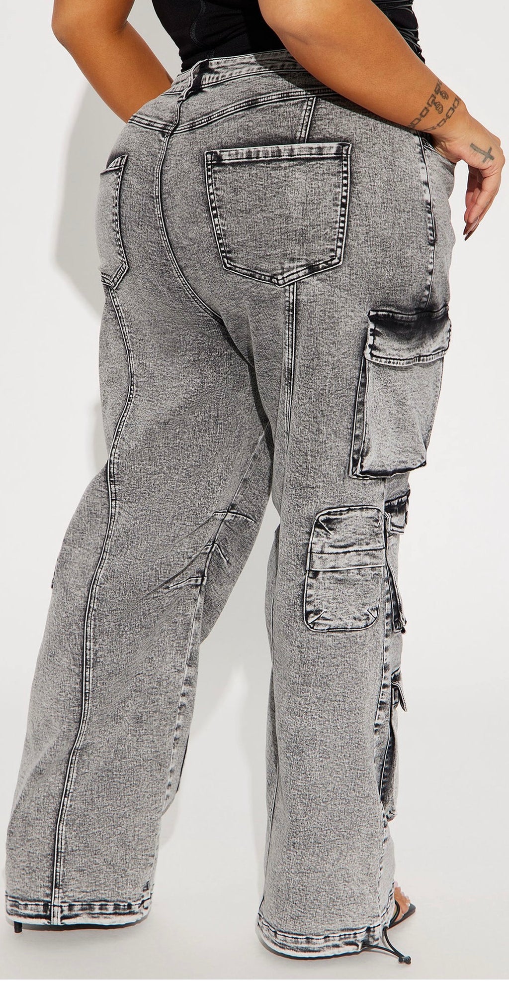 High Rise Strechy Cargo Jeans- Wash Gray