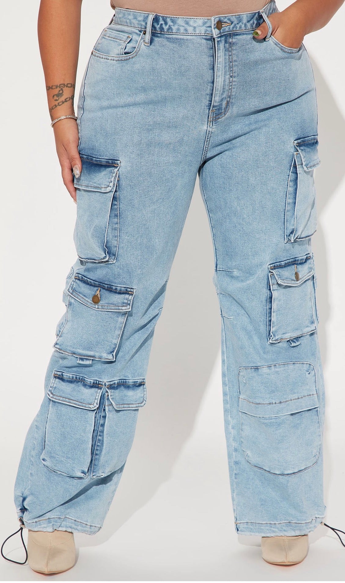 High Rise Strechy Cargo Jeans- Wash Gray
