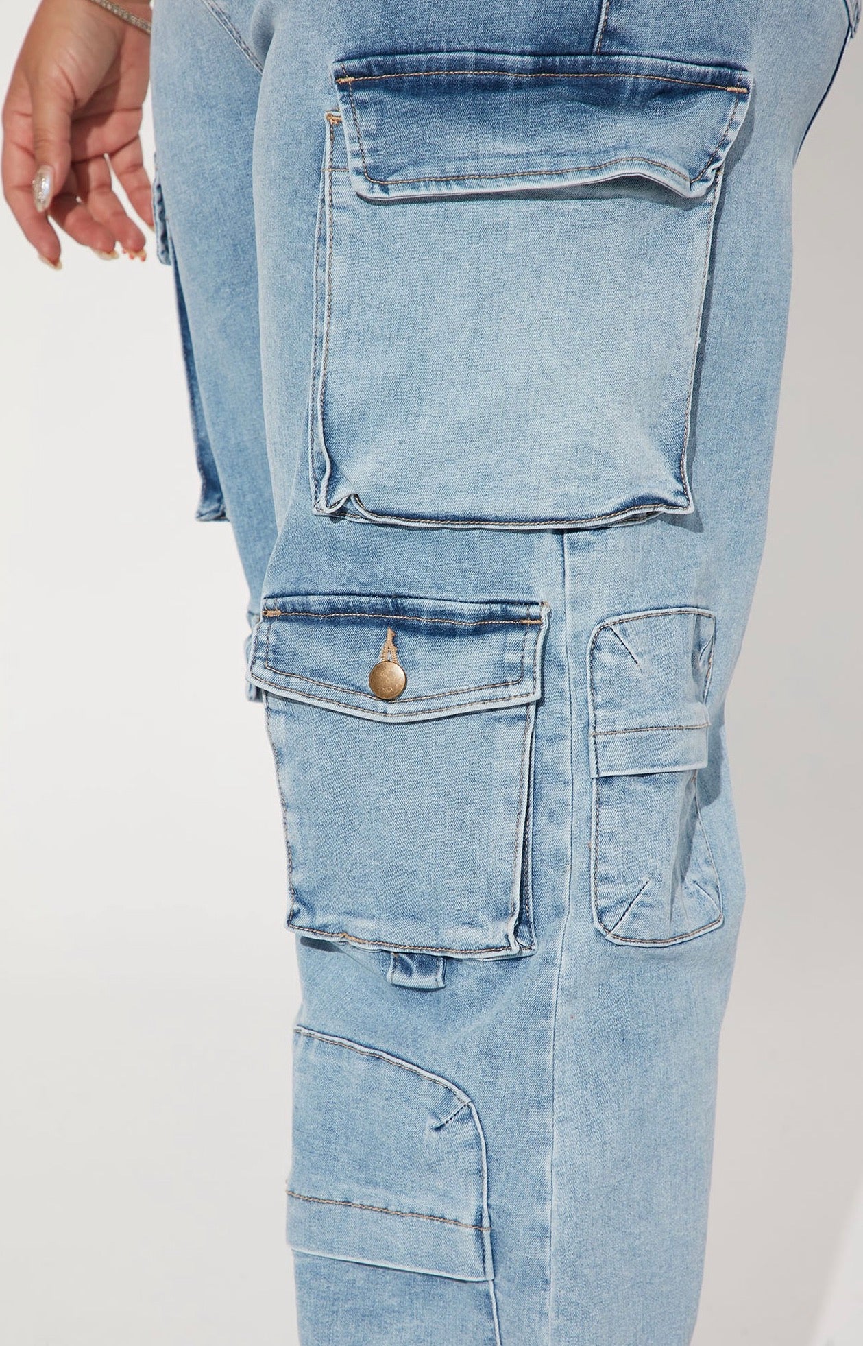 High Rise Strechy Cargo Jeans- Wash Gray
