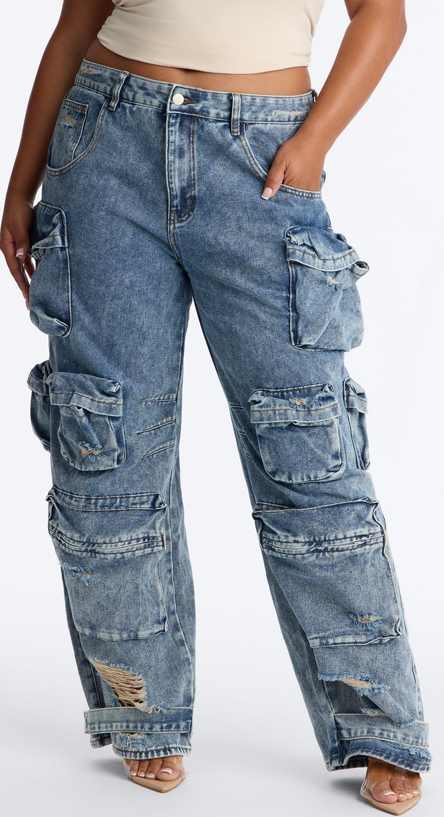 Ripped Strechy Baggy Jeans- Gray